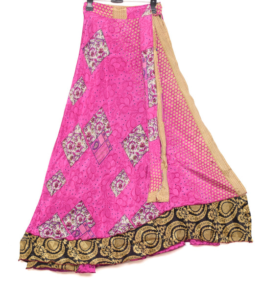 Sushila Vintage Black Art Silk Saree Magic Wrap Reversible Skirt Beach Dress