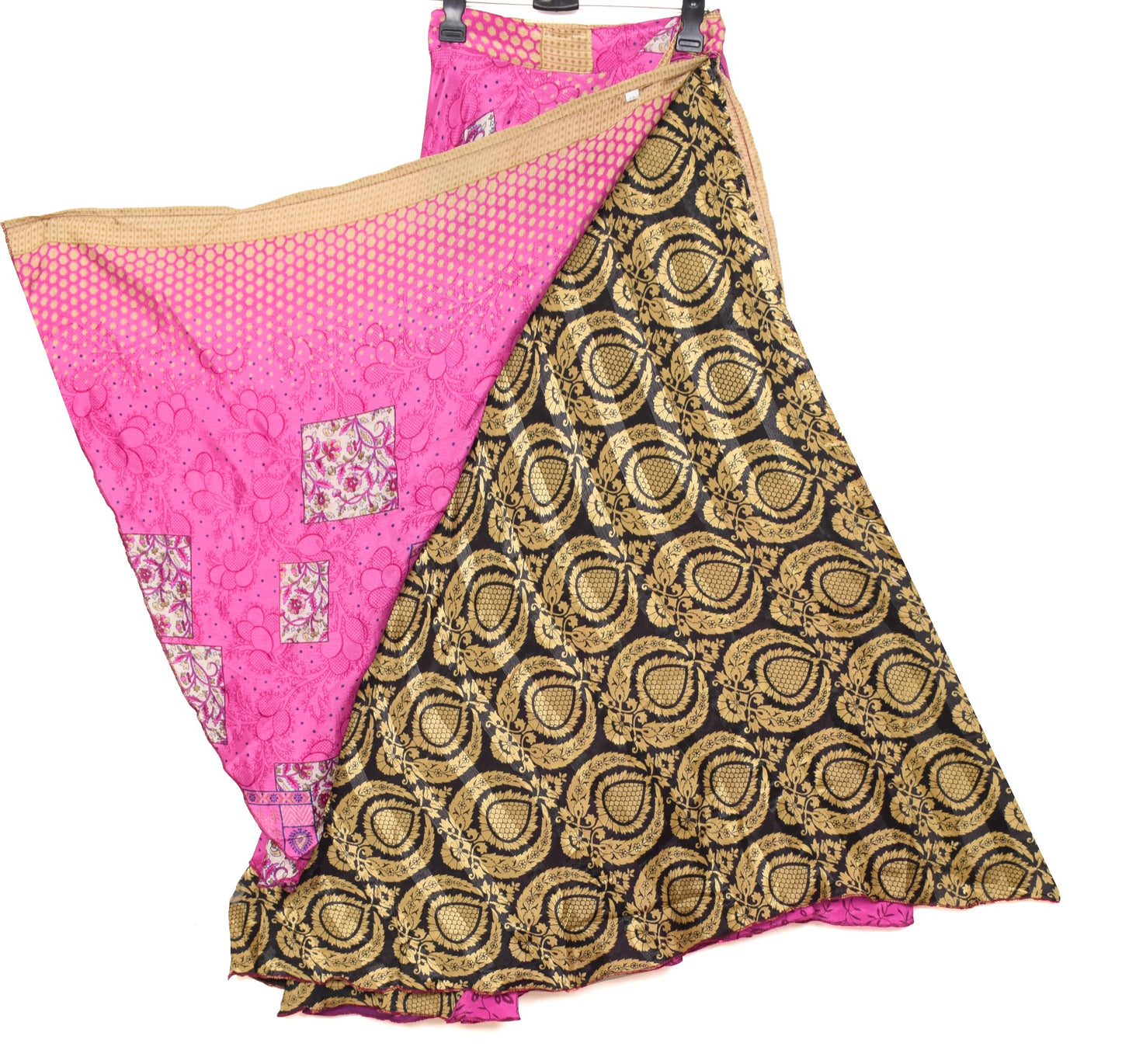 Sushila Vintage Black Art Silk Saree Magic Wrap Reversible Skirt Beach Dress