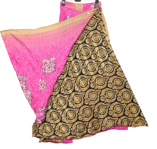 Sushila Vintage Black Art Silk Saree Magic Wrap Reversible Skirt Beach Dress