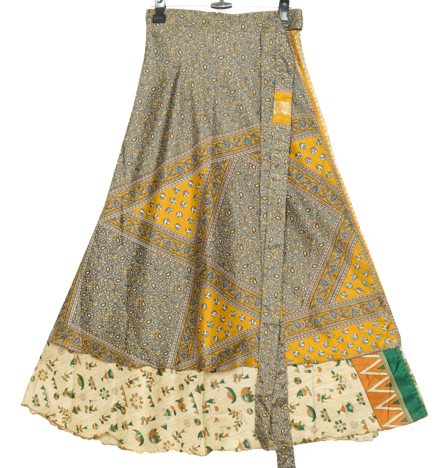 Sushila Vintage Gray Cream Art Silk Sari Magic Wrap Reversible Skirt BeachDress