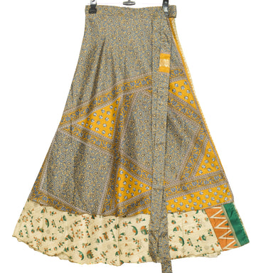Sushila Vintage Gray Cream Art Silk Sari Magic Wrap Reversible Skirt BeachDress