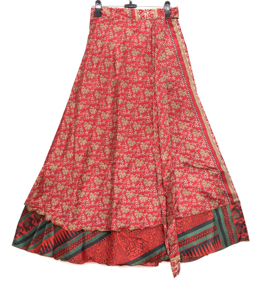 Sushila Vintage Red Art Silk Saree Magic Wrap Reversible Skirt Beach Dress