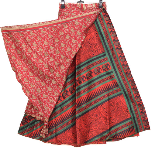 Sushila Vintage Red Art Silk Saree Magic Wrap Reversible Skirt Beach Dress
