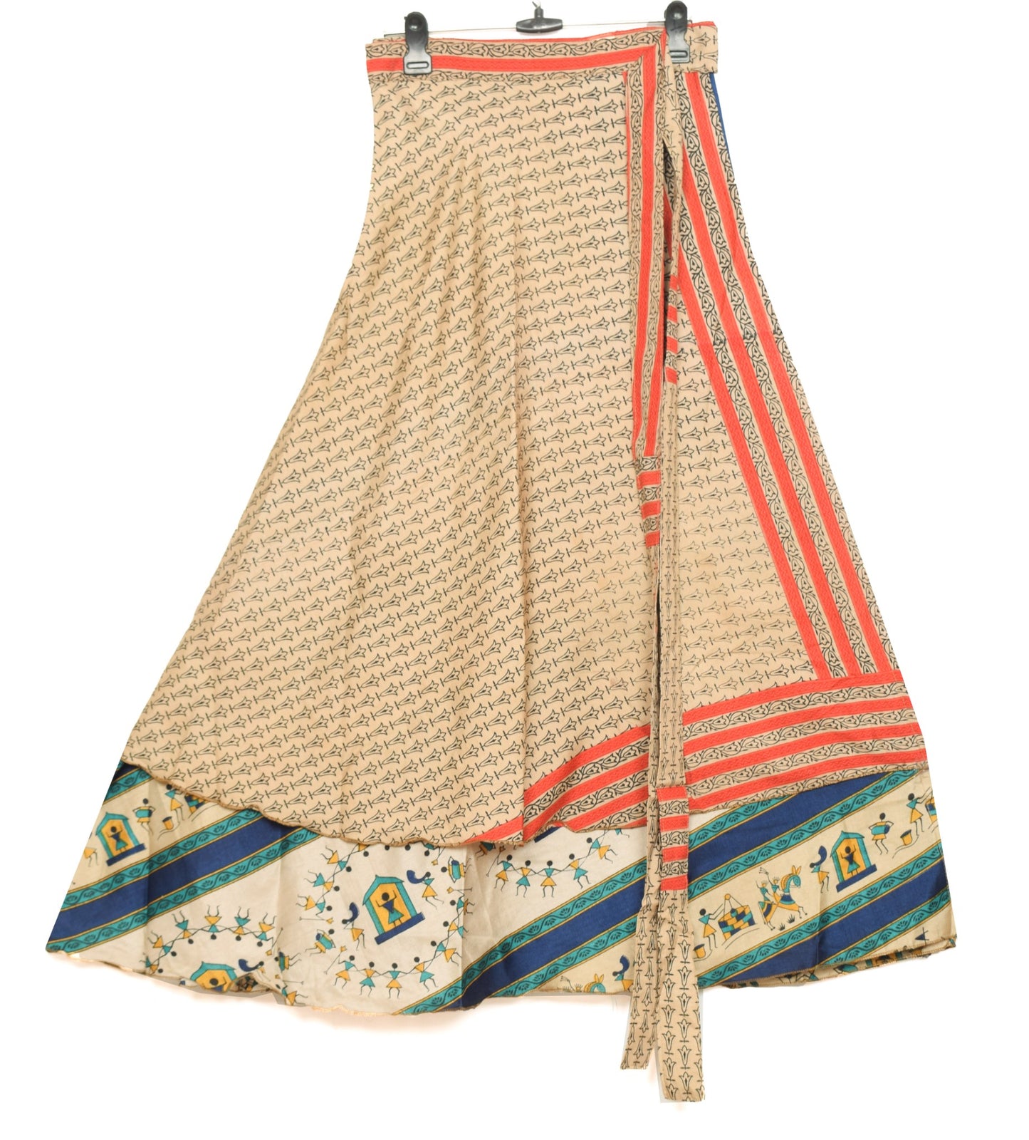 Sushila Vintage Art Silk Saree Magic Wrap Reversible Skirt Cream Beach Dress