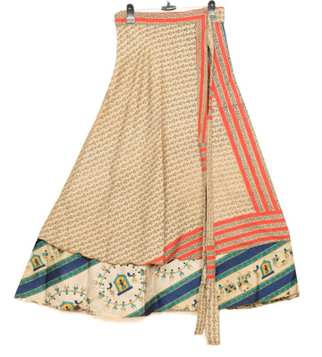 Sushila Vintage Art Silk Saree Magic Wrap Reversible Skirt Cream Beach Dress