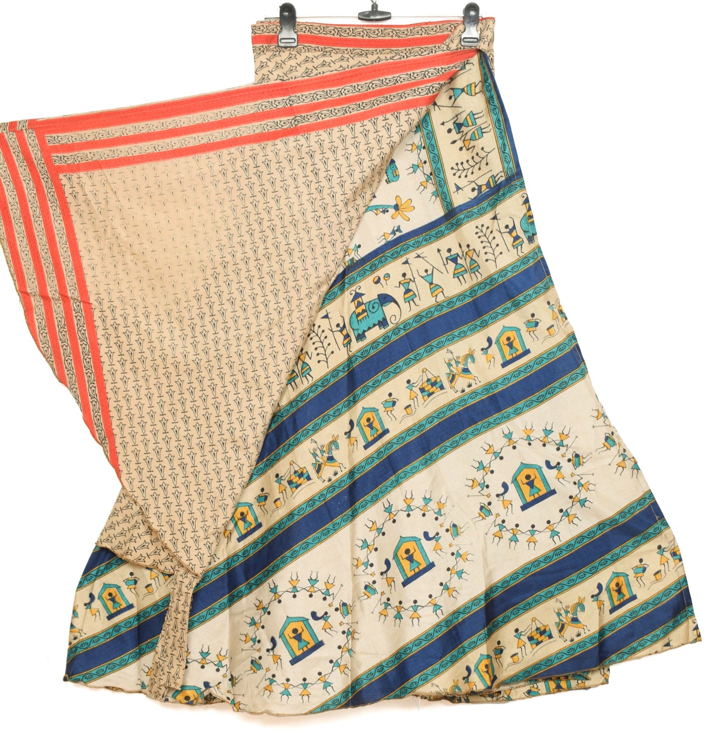 Sushila Vintage Art Silk Saree Magic Wrap Reversible Skirt Cream Beach Dress