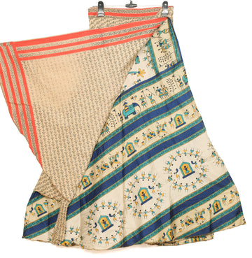 Sushila Vintage Art Silk Saree Magic Wrap Reversible Skirt Cream Beach Dress