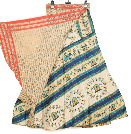 Sushila Vintage Art Silk Saree Magic Wrap Reversible Skirt Cream Beach Dress