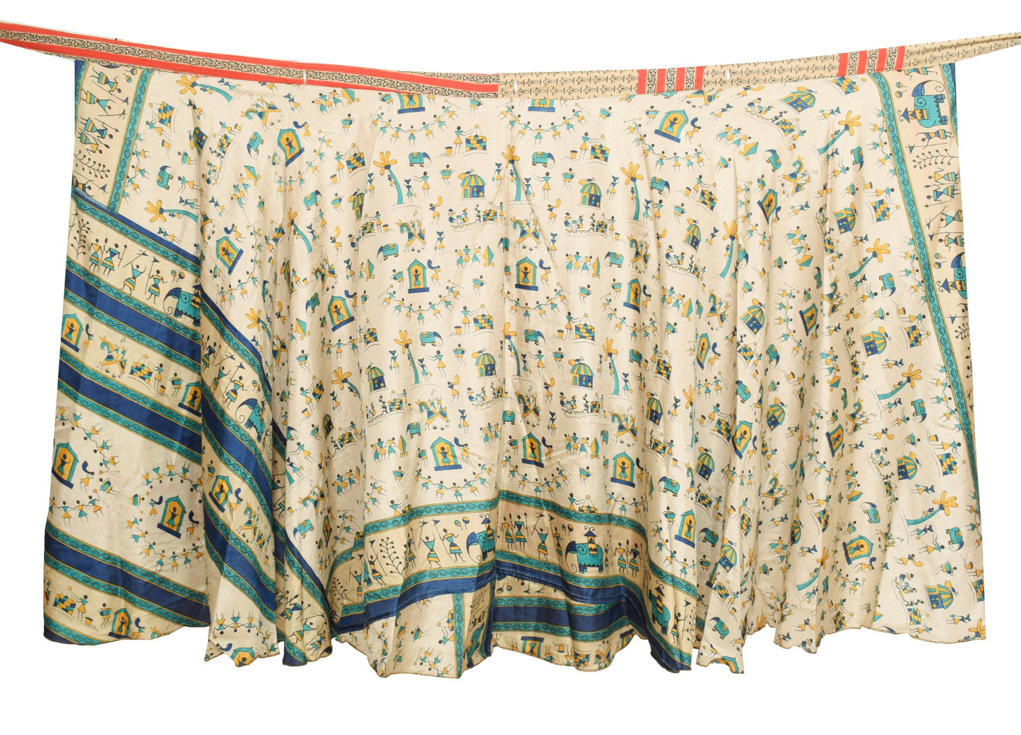 Sushila Vintage Art Silk Saree Magic Wrap Reversible Skirt Cream Beach Dress