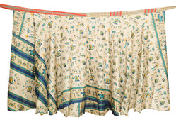Sushila Vintage Art Silk Saree Magic Wrap Reversible Skirt Cream Beach Dress