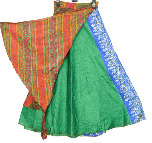 Sushila Vintage Art Silk Saree Magic Wrap Reversible Skirt Beach Dress Green