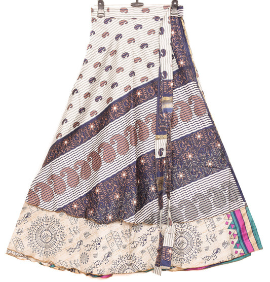 Sushila Vintage Art Silk Saree Magic Wrap Reversible Skirt Warli Print Dress