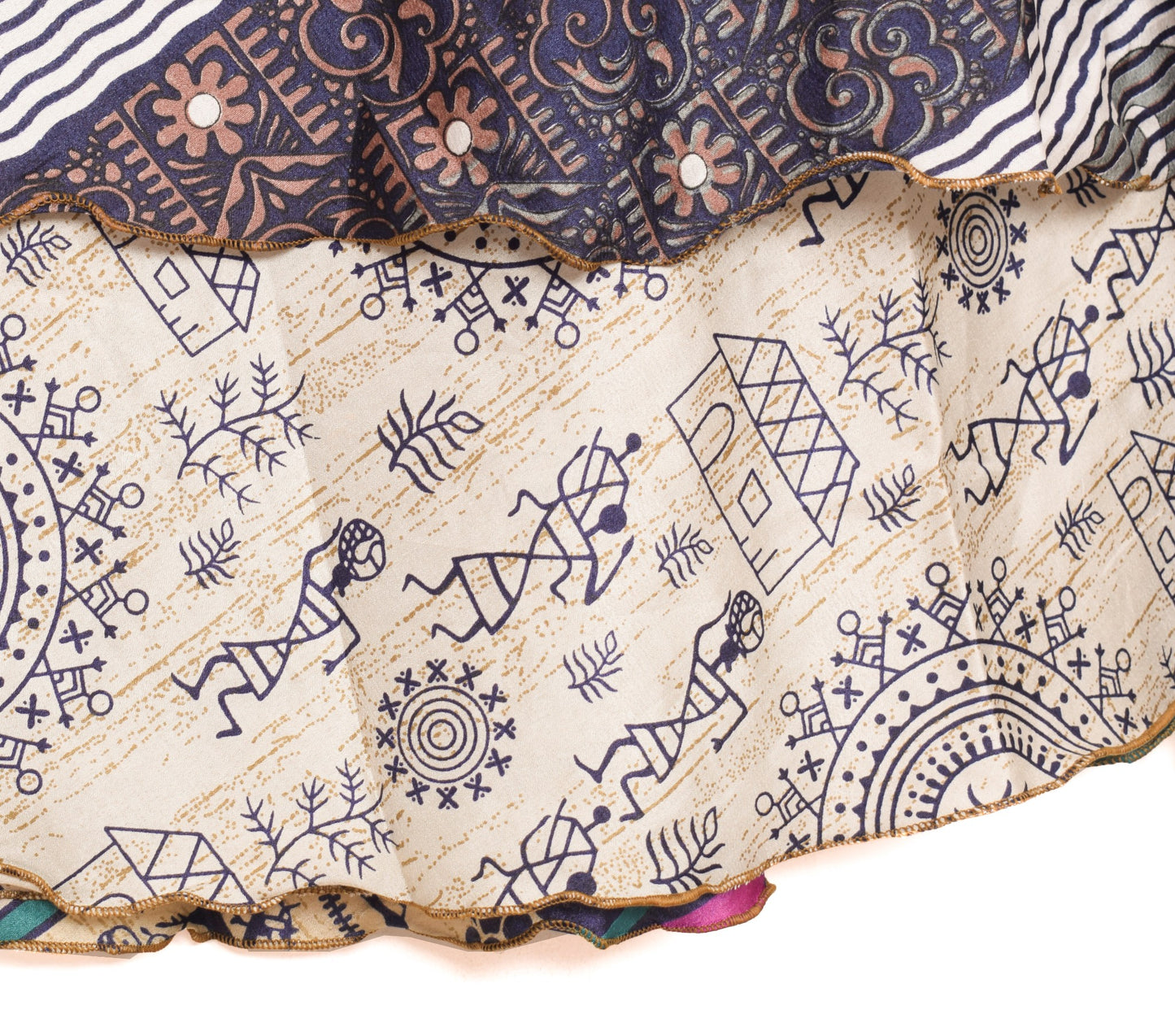 Sushila Vintage Art Silk Saree Magic Wrap Reversible Skirt Warli Print Dress