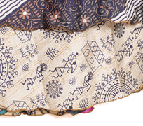 Sushila Vintage Art Silk Saree Magic Wrap Reversible Skirt Warli Print Dress