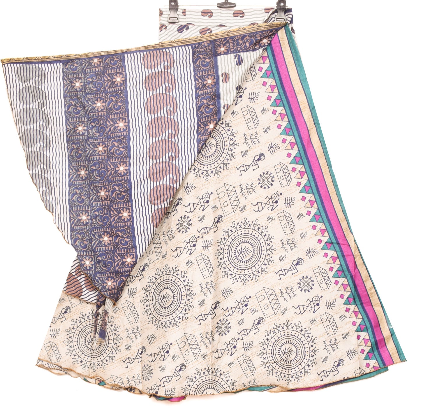 Sushila Vintage Art Silk Saree Magic Wrap Reversible Skirt Warli Print Dress