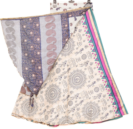 Sushila Vintage Art Silk Saree Magic Wrap Reversible Skirt Warli Print Dress