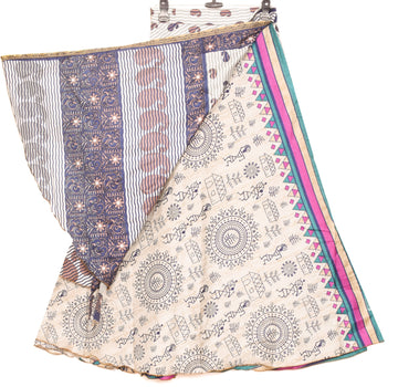 Sushila Vintage Art Silk Saree Magic Wrap Reversible Skirt Warli Print Dress