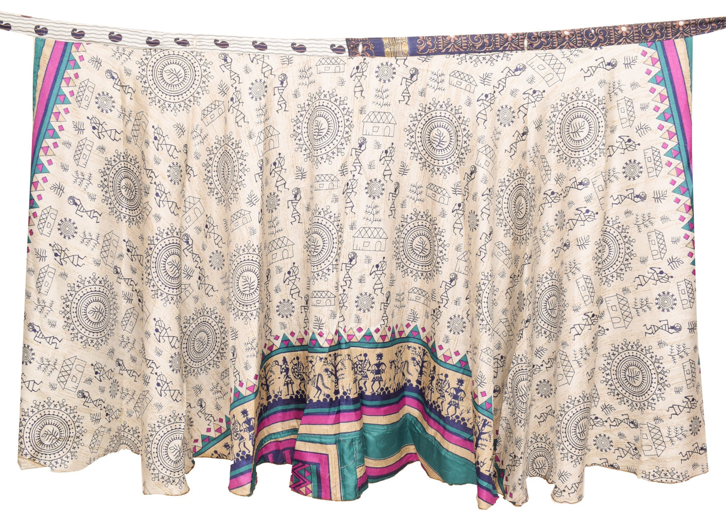 Sushila Vintage Art Silk Saree Magic Wrap Reversible Skirt Warli Print Dress