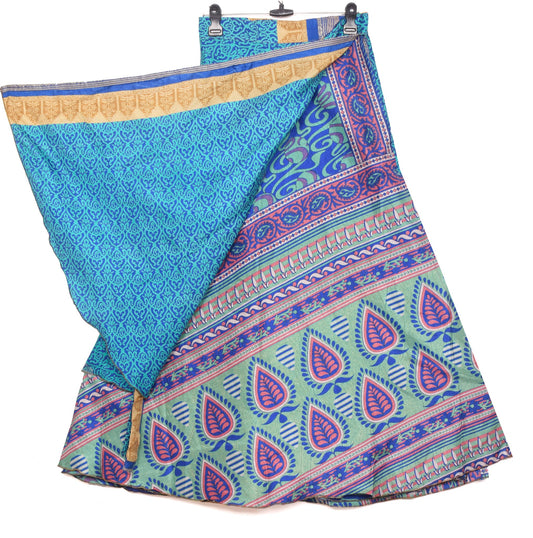 Sushila Vintage Blue Art Silk Saree Magic Wrap Reversible Skirt Beach Dress Boho