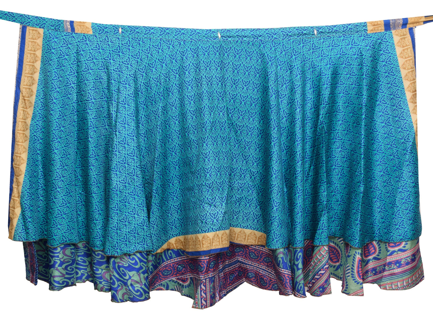 Sushila Vintage Blue Art Silk Saree Magic Wrap Reversible Skirt Beach Dress Boho