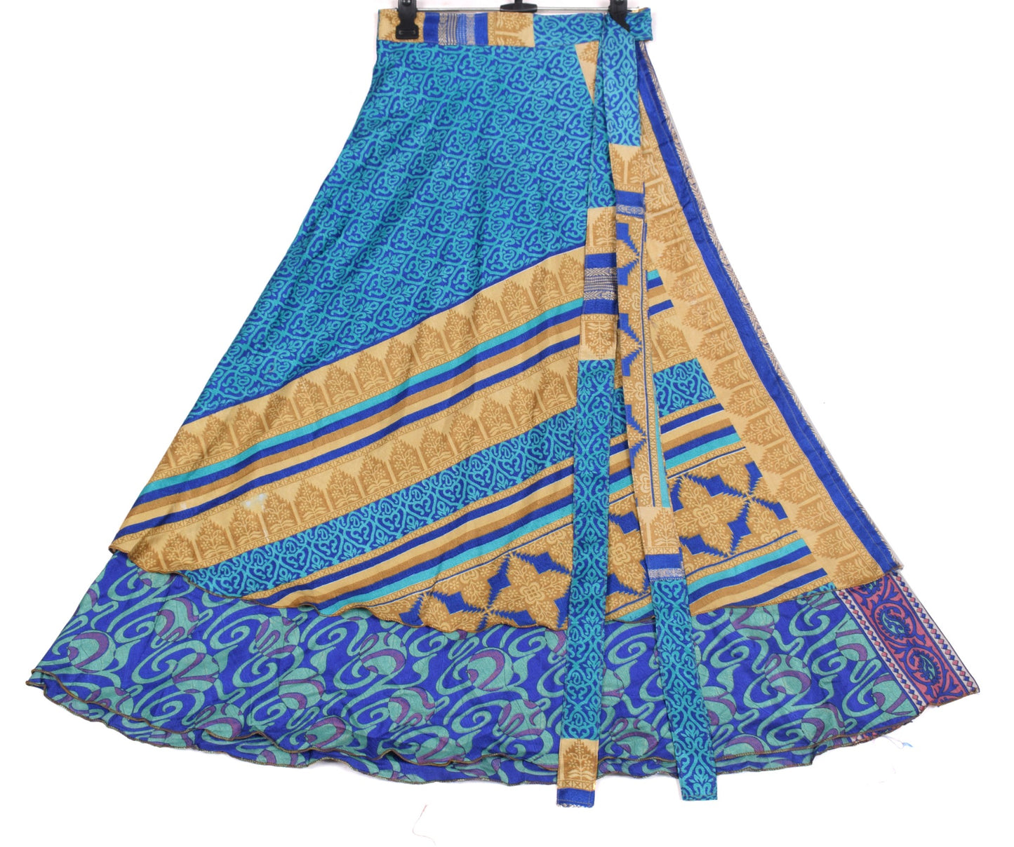 Sushila Vintage Art Silk Saree Magic Wrap Reversible Blue Skirt Beach Dress Boho