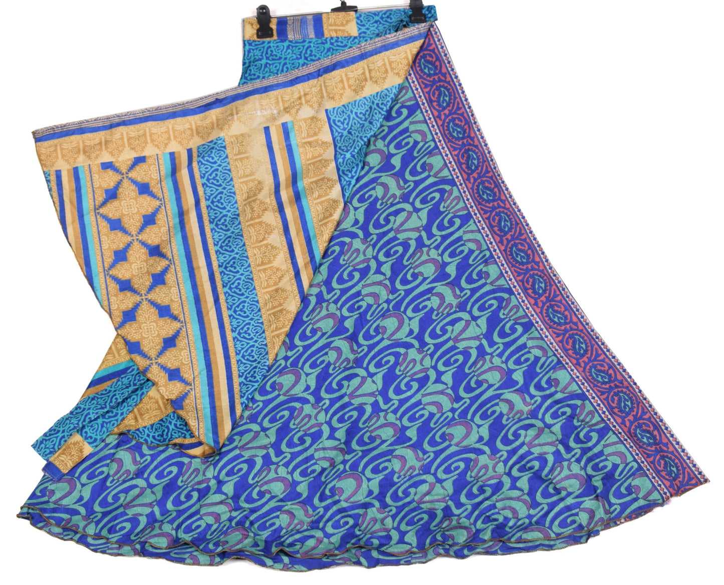 Sushila Vintage Art Silk Saree Magic Wrap Reversible Blue Skirt Beach Dress Boho