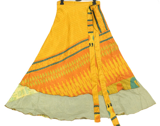 Sushila Vintage Saree Magic Wrap Floral Yellow Reversible Skirt Art Silk Beach Dress