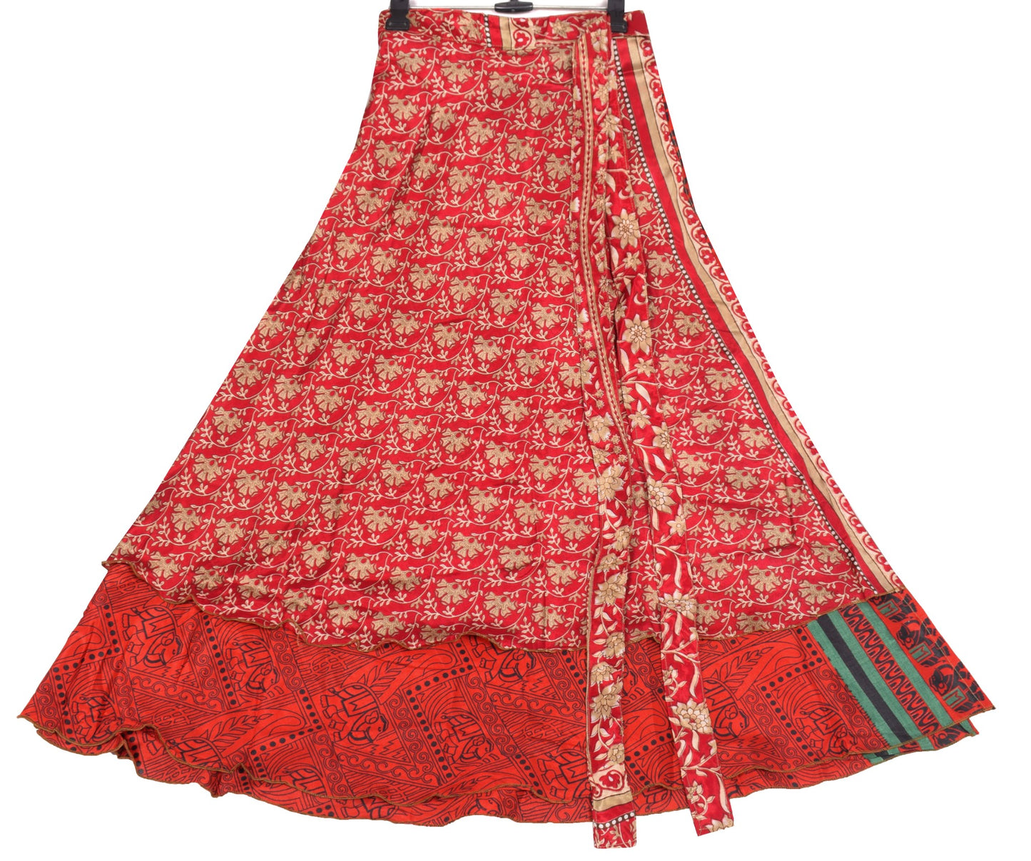 Sushila Vintage Red Saree Magic Wrap Reversible Skirt Art Silk Animal Print Dress