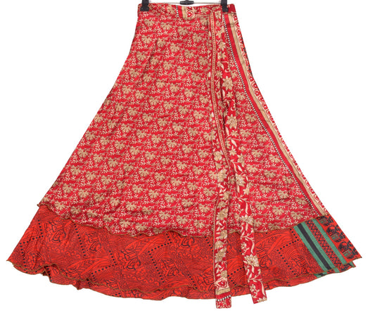Sushila Vintage Red Saree Magic Wrap Reversible Skirt Art Silk Animal Print Dress