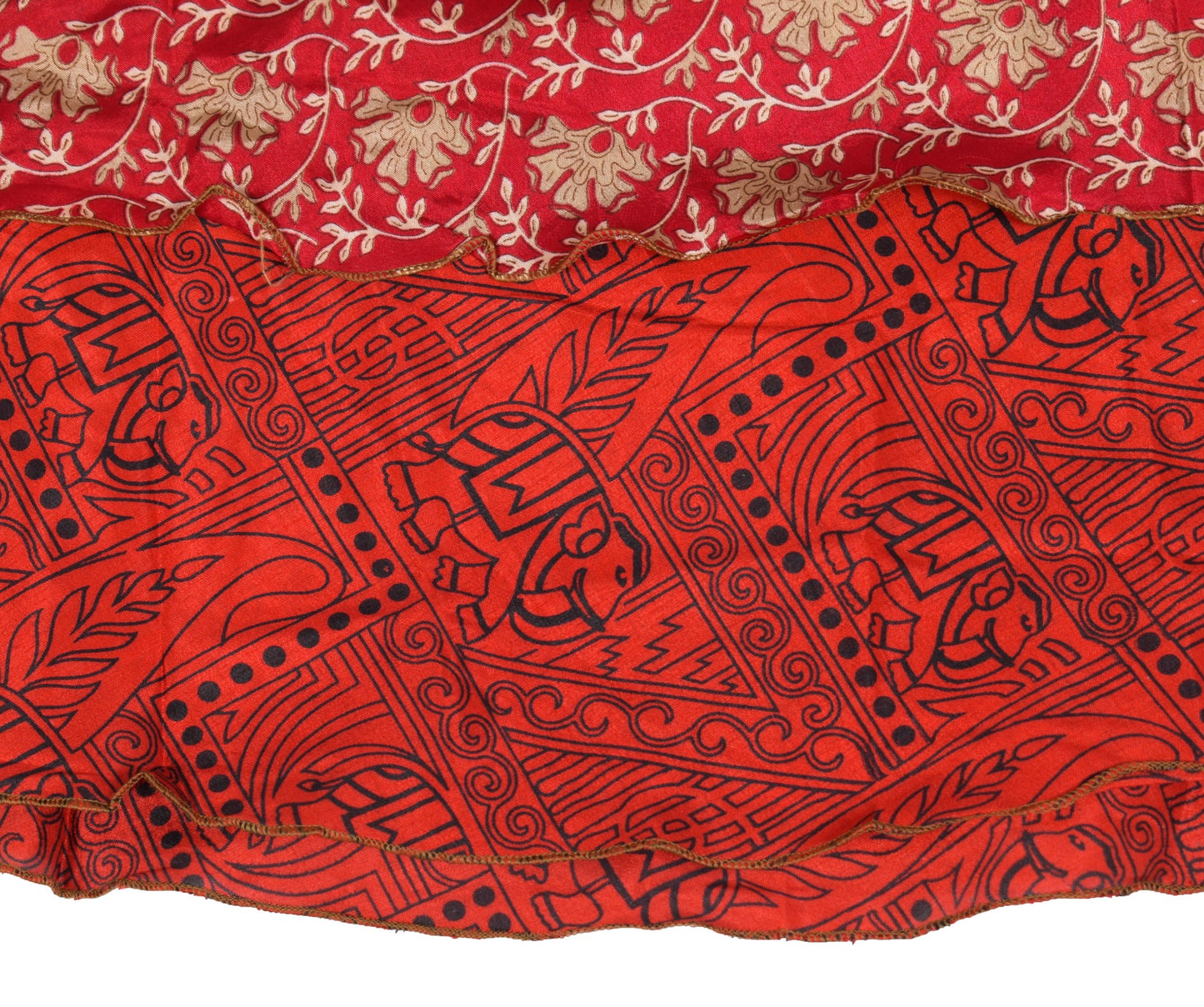 Sushila Vintage Red Saree Magic Wrap Reversible Skirt Art Silk Animal Print Dress