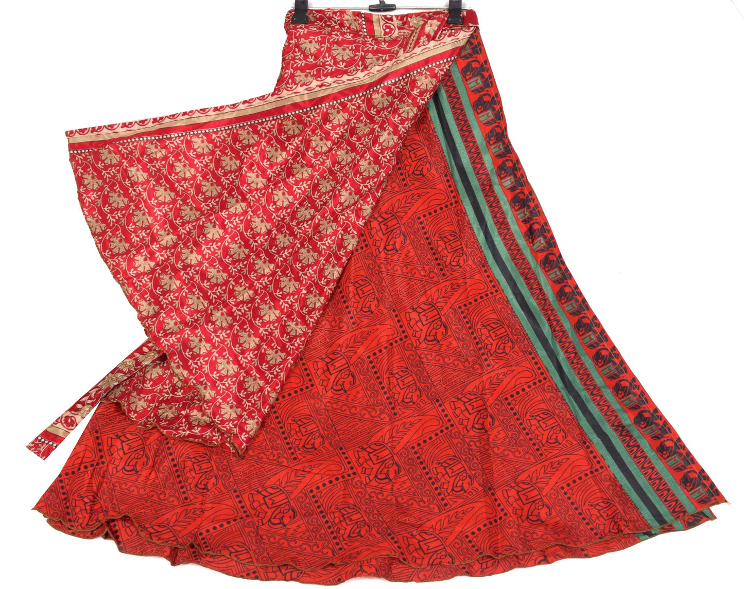 Sushila Vintage Red Saree Magic Wrap Reversible Skirt Art Silk Animal Print Dress