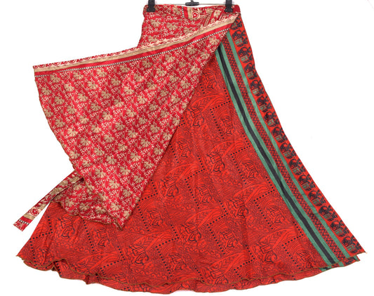 Sushila Vintage Red Saree Magic Wrap Reversible Skirt Art Silk Animal Print Dress