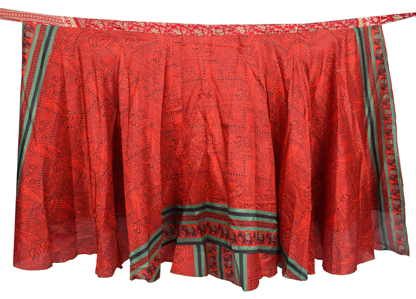 Sushila Vintage Red Saree Magic Wrap Reversible Skirt Art Silk Animal Print Dress
