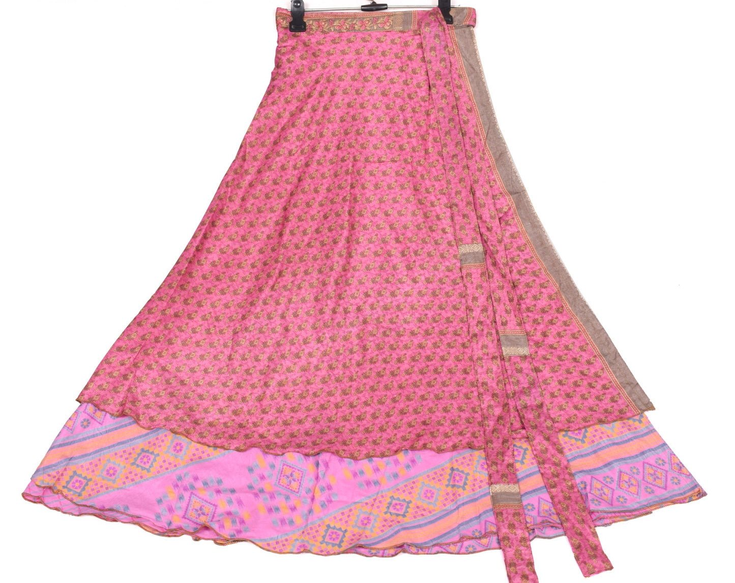 Sushila Vintage Pink Art Silk Saree Magic Wrap Reversible Skirt Beach Dress Boho
