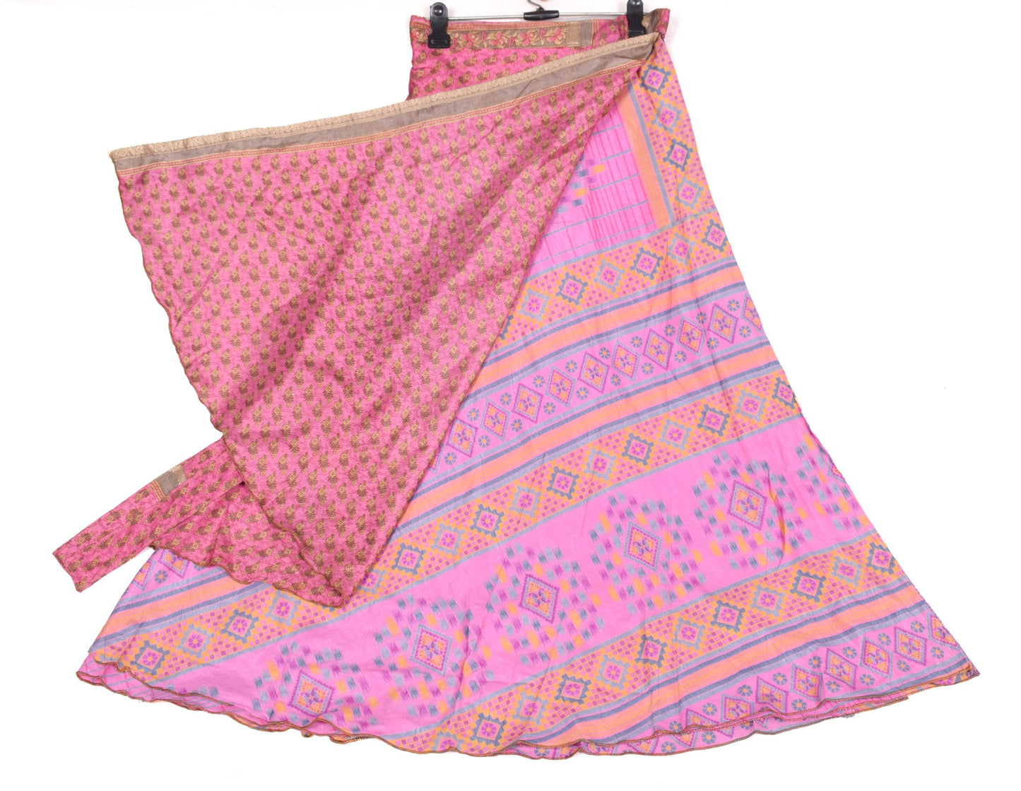Sushila Vintage Pink Art Silk Saree Magic Wrap Reversible Skirt Beach Dress Boho