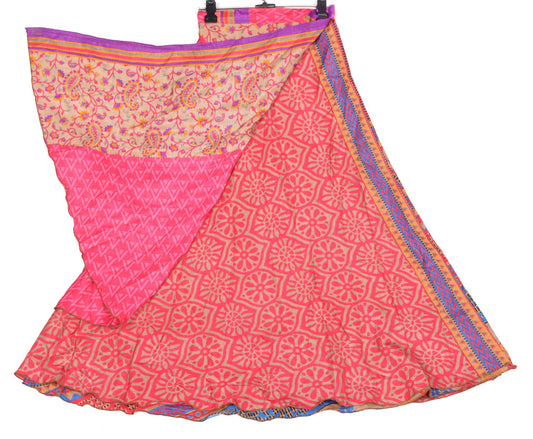 Sushila Vintage Floral Art Silk Saree Magic Wrap Reversible Skirt Pink Dress