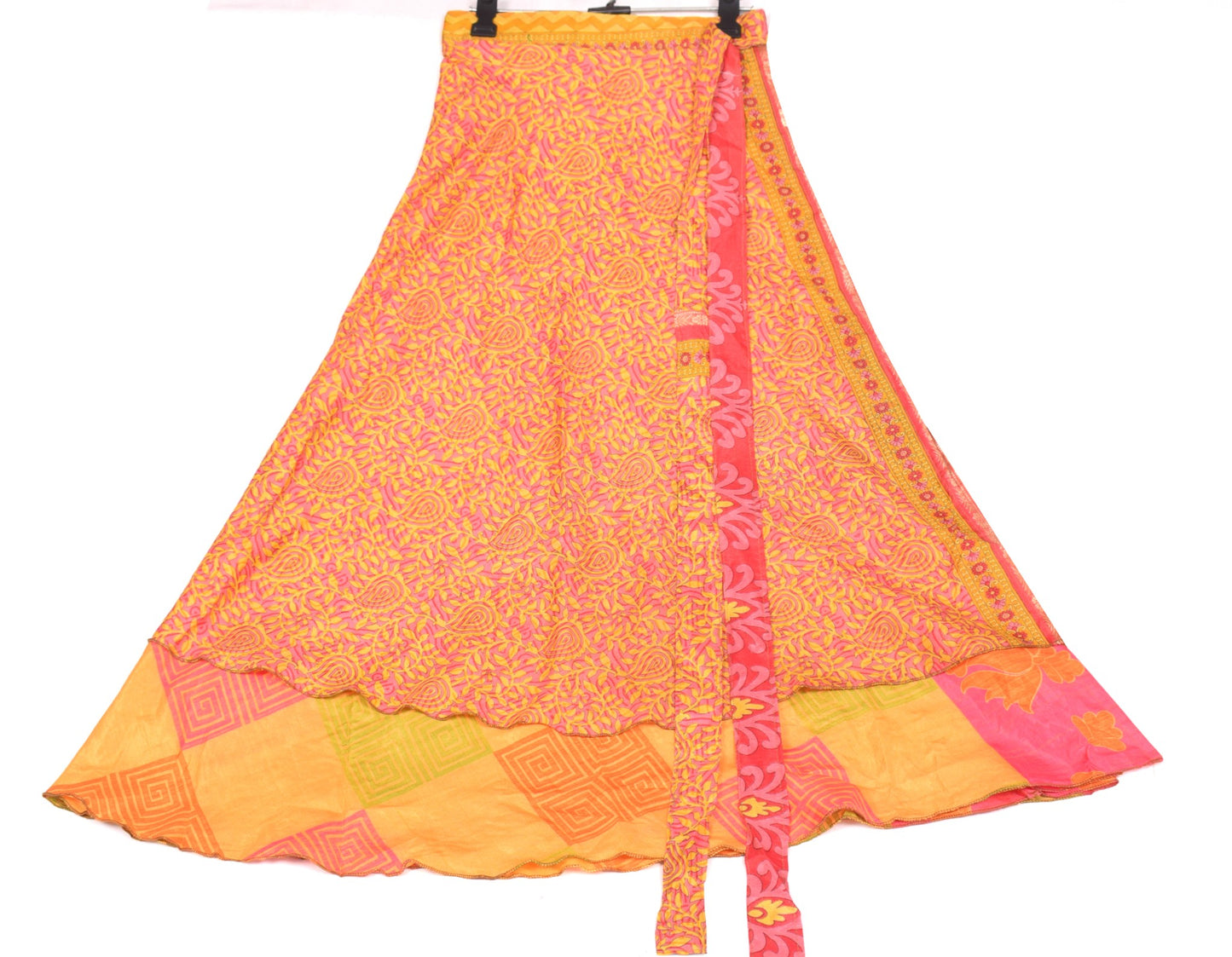 Sushila Vintage Yellow Art Silk Saree Magic Wrap Reversible Skirt Beach Dress