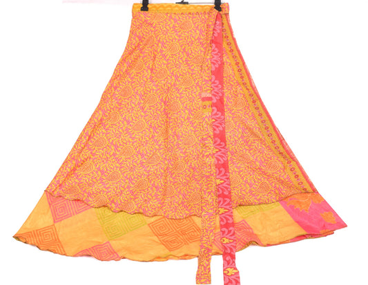 Sushila Vintage Yellow Art Silk Saree Magic Wrap Reversible Skirt Beach Dress
