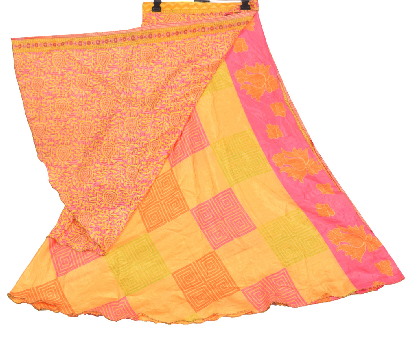 Sushila Vintage Yellow Art Silk Saree Magic Wrap Reversible Skirt Beach Dress