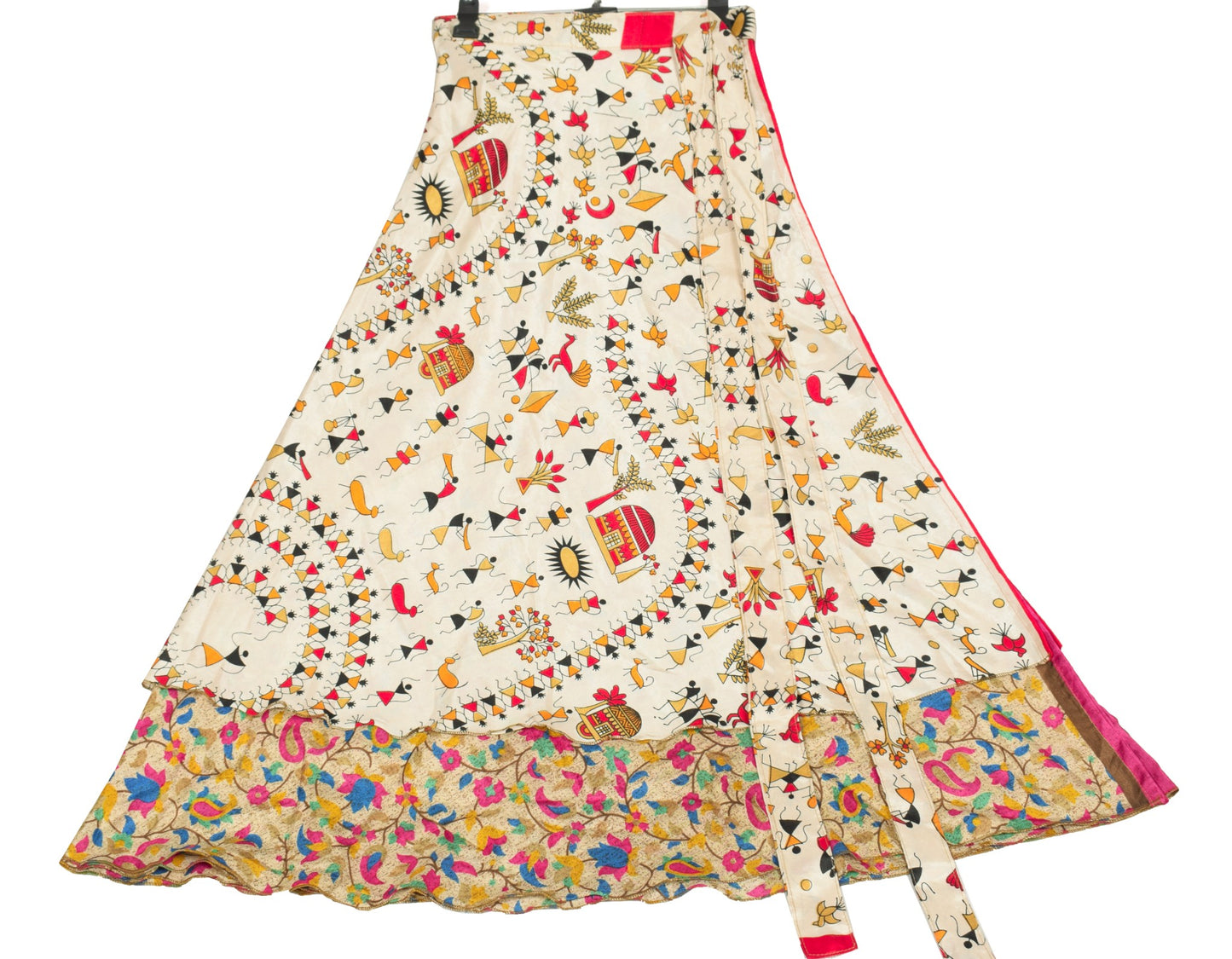 Sushila Vintage Warli Art Silk Saree Magic Wrap Reversible Skirt Cream Dress