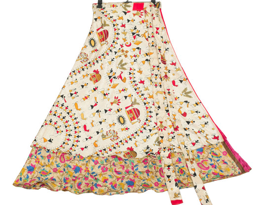 Sushila Vintage Warli Art Silk Saree Magic Wrap Reversible Skirt Cream Dress