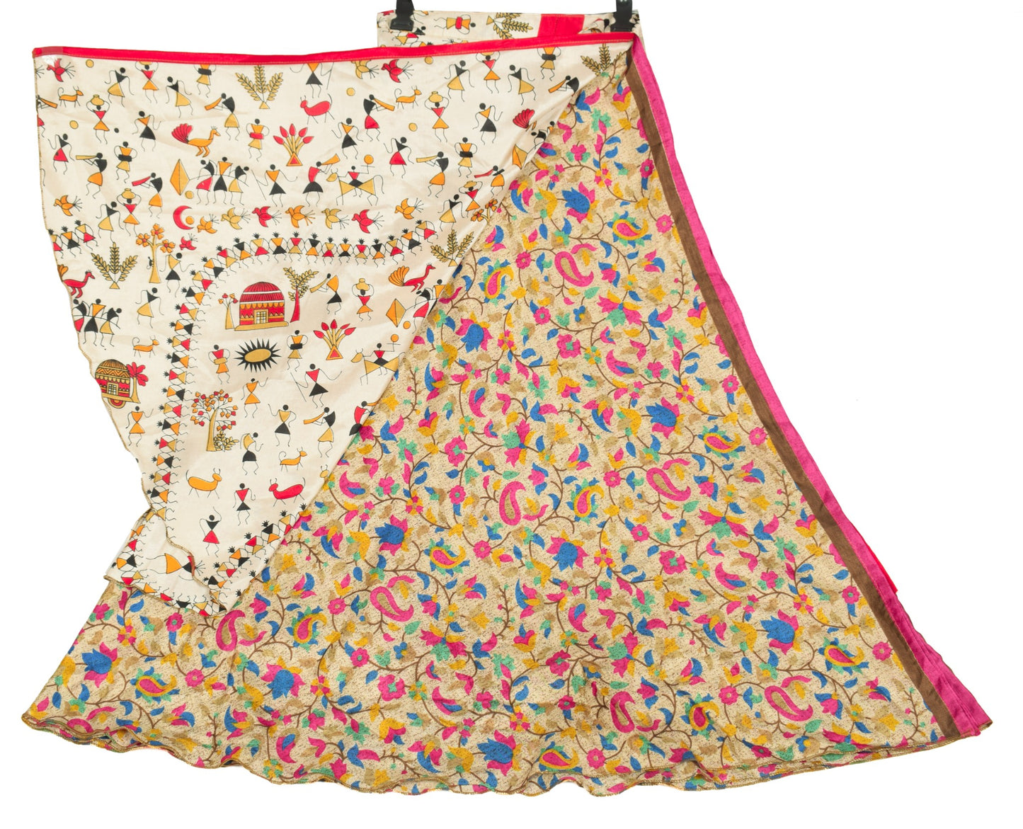 Sushila Vintage Warli Art Silk Saree Magic Wrap Reversible Skirt Cream Dress