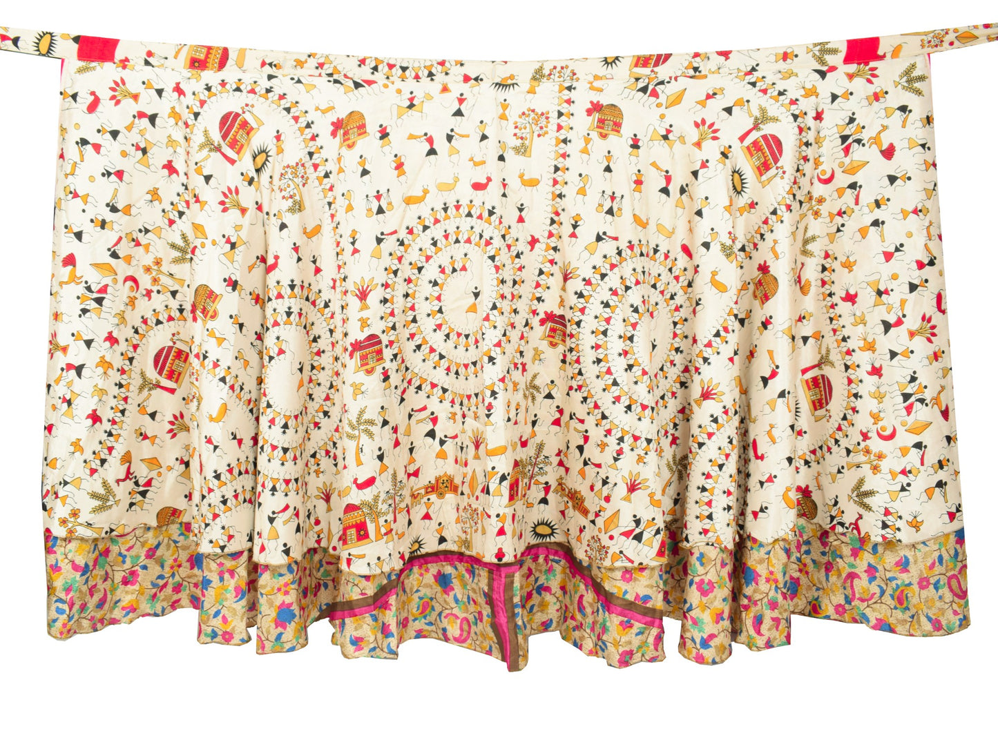 Sushila Vintage Warli Art Silk Saree Magic Wrap Reversible Skirt Cream Dress