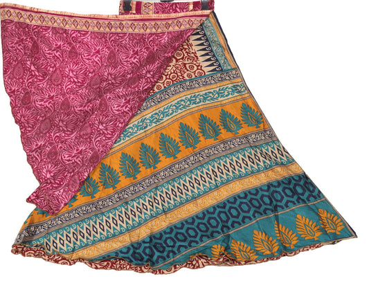 Sushila Vintage Art Silk Saree Magic Wrap Reversible Skirt Floral Pink Beach Dress