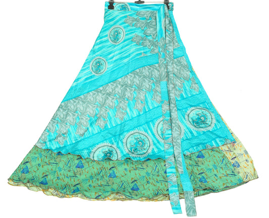 Sushila Vintage Art Silk Saree Magic Wrap Reversible Skirt BeachDress Green Boho