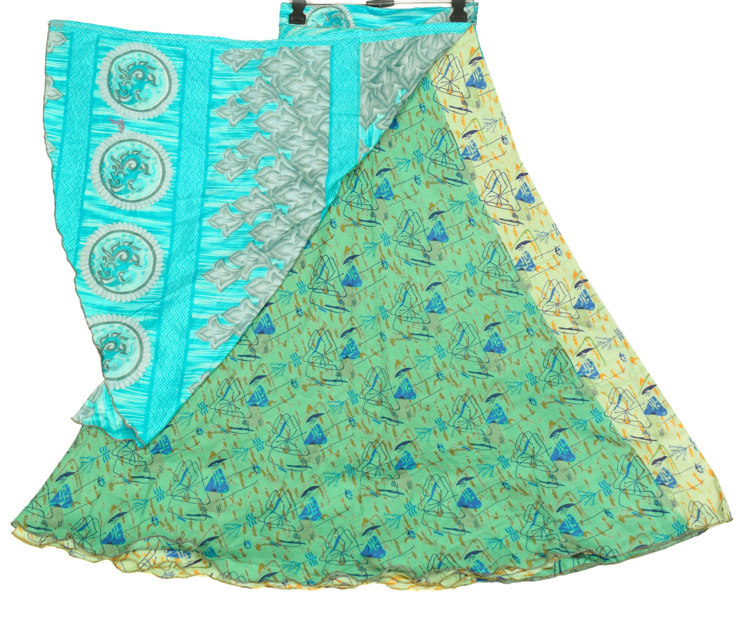 Sushila Vintage Art Silk Saree Magic Wrap Reversible Skirt BeachDress Green Boho