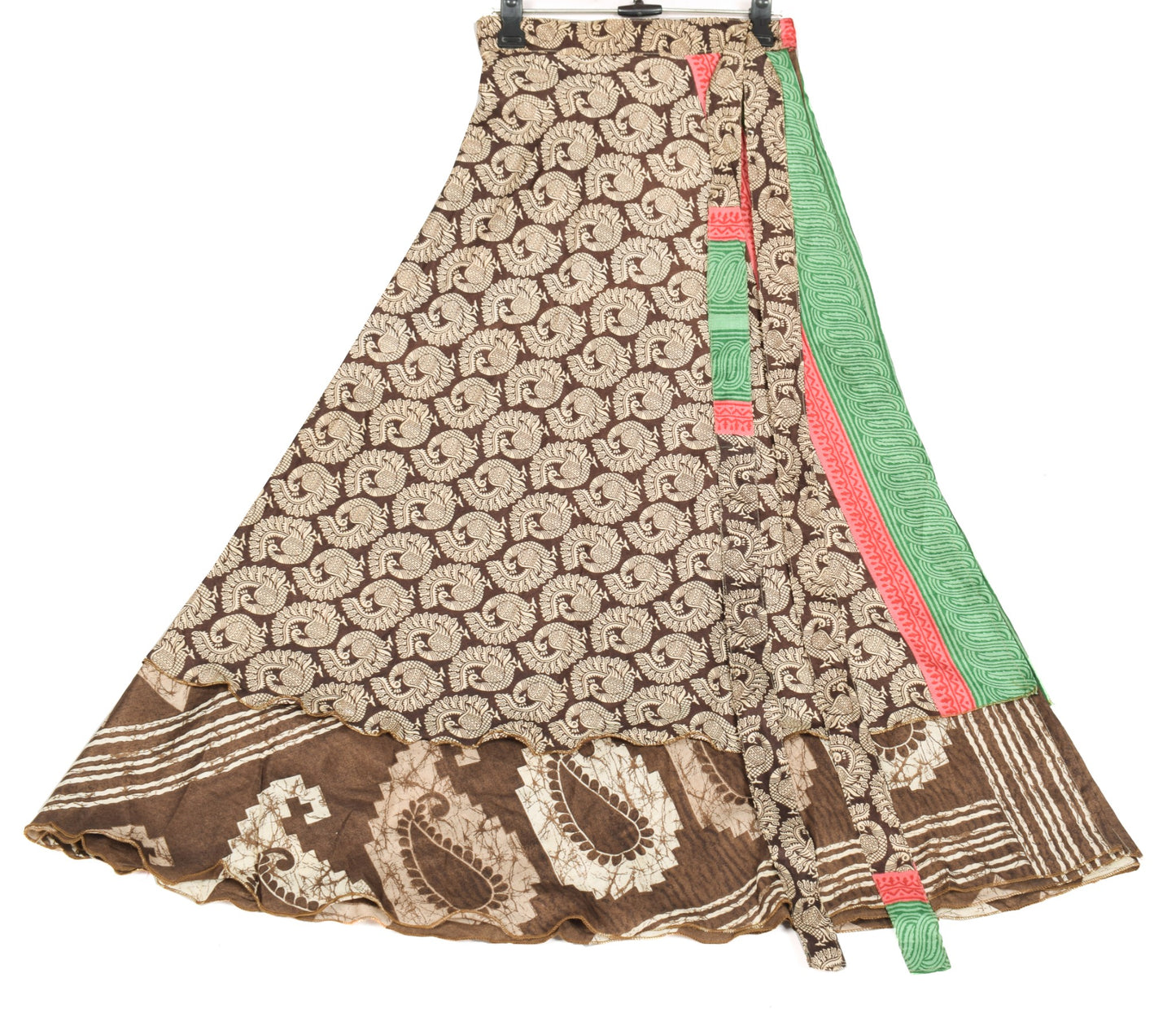 Sushila Vintage Art Silk Saree Magic Wrap Brown Reversible Skirt Beach Dress