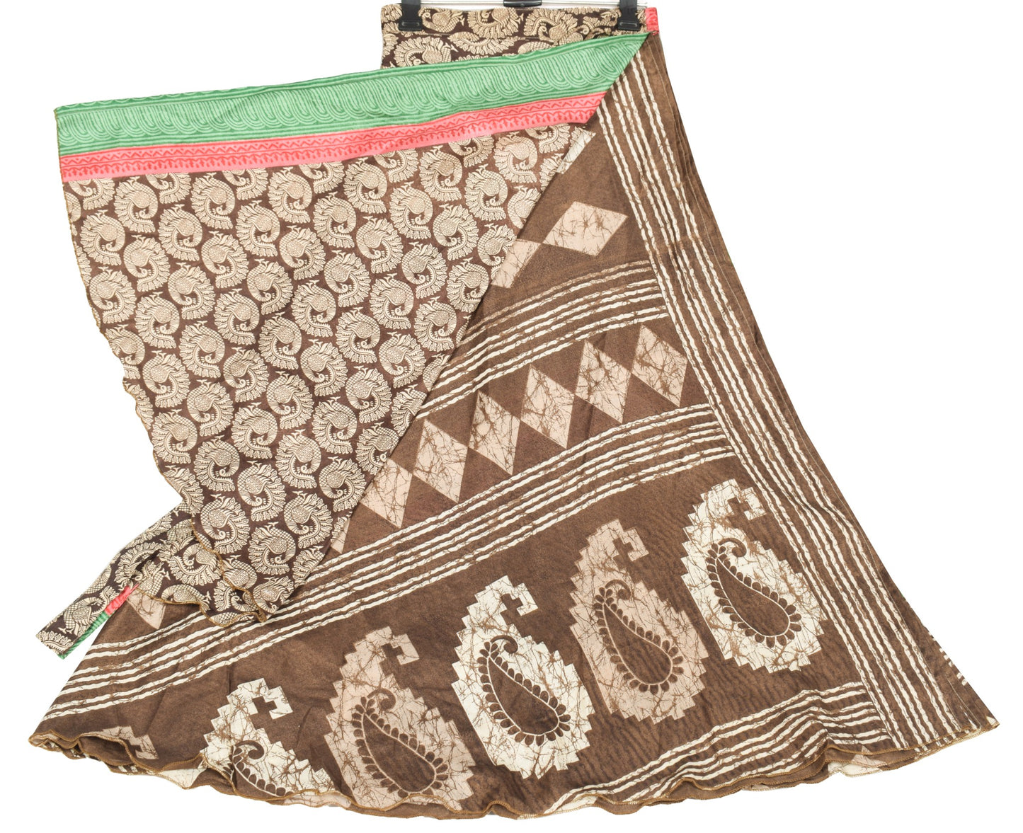 Sushila Vintage Art Silk Saree Magic Wrap Brown Reversible Skirt Beach Dress