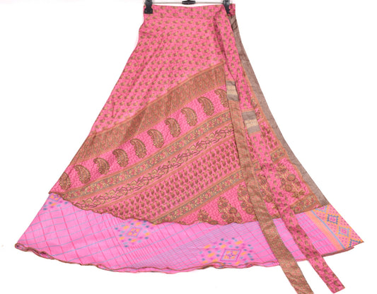 Sushila Vintage Pink Art Silk Saree Magic Wrap Reversible Skirt Beach Dress