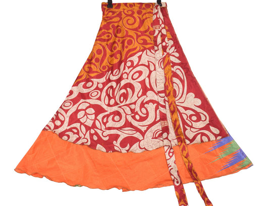 Sushila Vintage Art Silk Saree Magic Wrap Reversible Skirt Beach Dress Red Orange